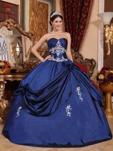 Navy Blue Sweetheart Appliques and Hand Made Flowers Quinceanera Dress
