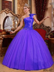 Purple One Shoulder Floor-length Tulle Beading Quinceanera Dress in Akron
