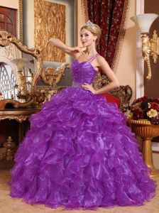 Purple One Shoulder Organza Beading Quinceanera Dress in Hendersonville