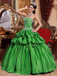 Green Sweetheart Taffeta Appliques and Hand Made Flower Quinceanera Dress