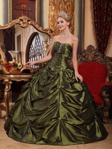 Olive Green Ball Gown Strapless Taffeta Beading and Pick-ups Sweet 16 Dress