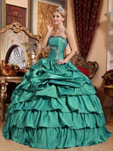 Turquoise Strapless Taffeta Appliques and Pick-ups Sweet Sixteen Dress