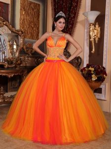 Bright Orange Red Beaded Floor-length Dresses For Quinceanera with Straps