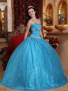 Aqua Blue Beaded Floor-length Quince Dress with Spaghetti Straps in Erie