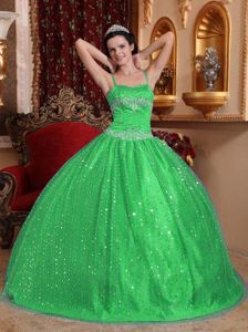 Gorgeous Green Full-length Dress For Quinceanera with Straps and Sequins