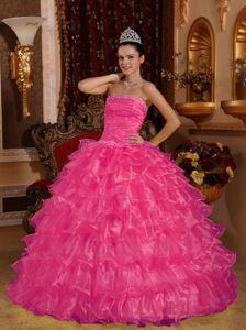 New Strapless Hot Pink Beaded Long Dresses for Quince with Ruffle-layers