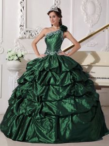 Dark Green Flower One Shoulder Full-length Quinces Dresses with Pick-ups