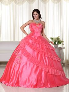 Coral Red Lace-up Long Quinces Dress with Ruffle-layers and Embroidery