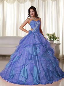 Modest Blue Sweetheart Long Quince Dresses with Ruffles and Appliques