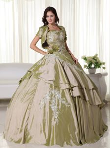 Strapless Olive Green Full-length Quince Dress with Appliques and Flower