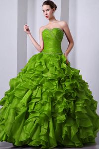 Modest Sweetheart Green Long Quinces Dresses with Ruffle-layers in Troy