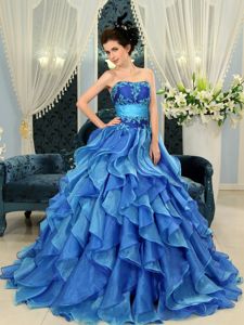 Sky Blue Appliqued Strapless Full-length Quince Dresses with Ruffle-layers
