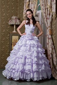 Lovely Single Shoulder Lilac Floor-length Quinces Dress with Ruffle-layers
