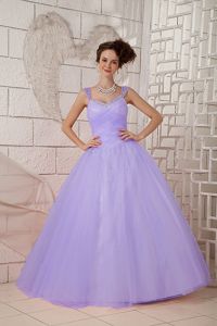 Pretty Lilac Beaded Full-length Dresses For Quinceanera with Wide Straps