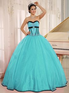 Aqua Blue Beaded Sweetheart Floor-length Quinceanera Gowns in Concord