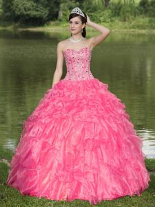 cute Sweetheart Hot Pink Full-length Quince Dress with Layers and Beading
