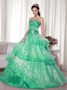 Cute Green Beaded Sweetheart Long Quince Dress with Layers and Flower