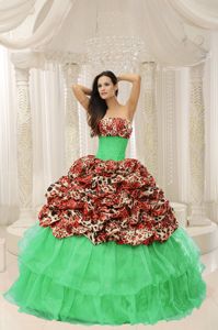 Colorful Leopard Green Strapless Long Quince Dress with Pick-ups in Acton