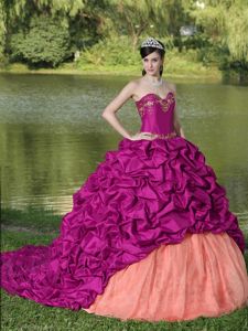 Appliqued Sweetheart Fuchsia and Peach Brush Quince Dress with Pick-ups