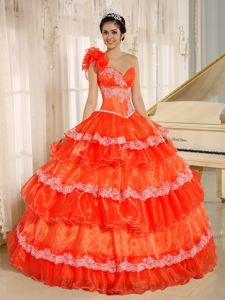 Orange Red Flowers One Shoulder Quince Dress with Applique and Ruffles