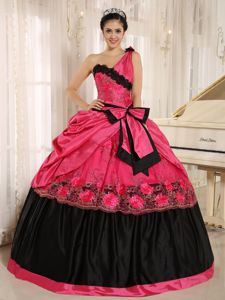 Coral Red One Shoulder Long Dresses for Quince with Appliques and Bow