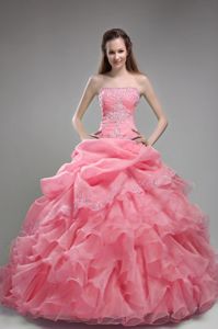 Strapless Watermelon Beaded Long Sweet 15 Dresses with Ruffles in Troy