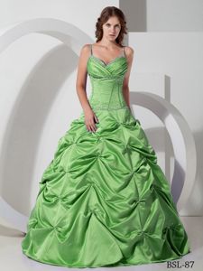 Spring Green Ruched Long Sweet Sixteen Dresses with Straps and Pick-ups