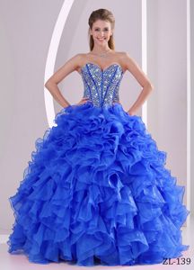 Blue Beaded Sweetheart Full-length Quinceanera Gown with Ruffles in Erie