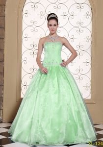 Elegant Apple Green Strapless Full-length Quince Dresses with Embroidery