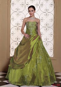 Strapless Olive Green Floor-length Sweet Sixteen Dresses with Embroidery