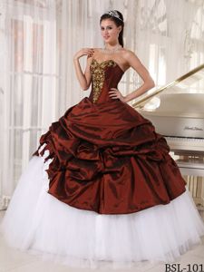 Burgundy and White Applique Sweetheart Long Quince Dress with Pick-ups