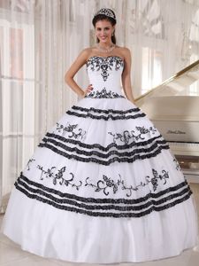 White and Black Sweetheart Long Dress For Quinceanera with Embroidery
