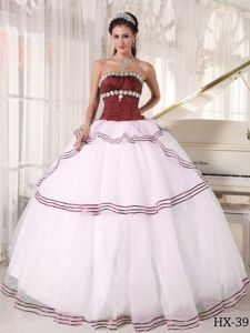 Brown and White Beaded Strapless Long Sweet Sixteen Dresses in Colora