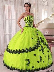 Bright Yellow Strapless Long Dresses For Quinceanera with Black Appliques
