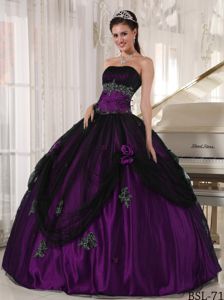 Purple Strapless Long Dress For Quinceanera with Flowers and Appliques