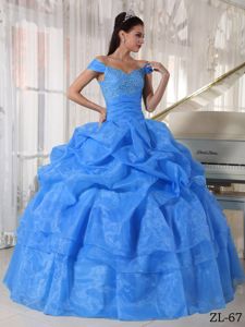 Aqua Blue Beaded Off The Shoulder Long Quinceanera Gown with Pick-ups