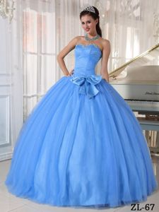 Lovely Baby Blue Sweetheart Beaded Tulle Dresses for Quince with Bowknot