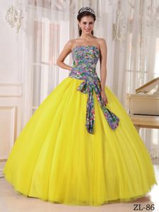 Strapless Yellow Printed Tulle Quince Dresses with Sequins in Chandler