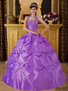 Purple Beaded Halter Top Sweet 16 Dresses with Pick Ups in Bridgeport
