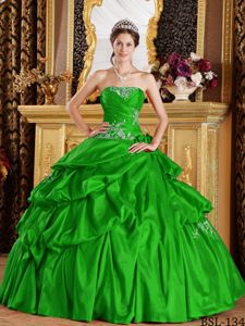 Green Strapless Pick Ups and Ruche Sweet Sixteen Quinceanera Dresses