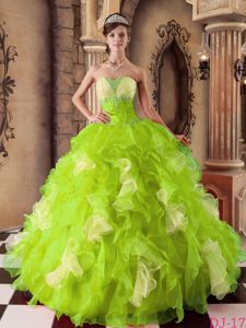 Two-toned Green Beaded Dress For Quinceanera with Ruffles in Port Ludlow