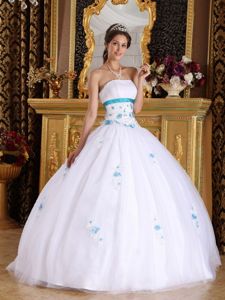 Newest White Strapless Sweet 16 Dresses with Blue Appliques in Renton