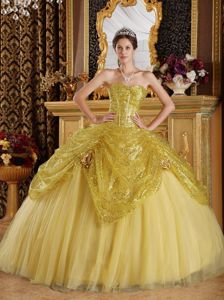 Gold Sequins Over Skirt Sweet 15 Dresses with Pick Ups and Handle Flower
