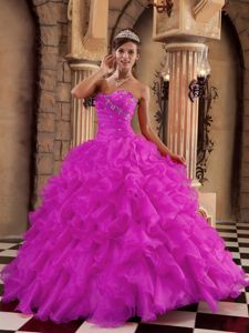 Fuchsia Beaded and Ruched Quinceanera Gown Dresses with Ruffles