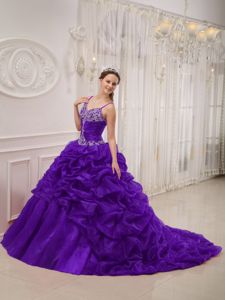 Spaghetti Straps Pick Ups and Embroidery Dress in Purple for Quince