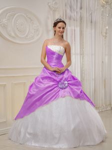 Beading Flower and Ruche White and Lilac Quinceanera Gowns for Woman