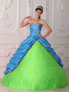 Green and Blue Pick Ups Embroidery and Ruche Dress for Quince in Pasco