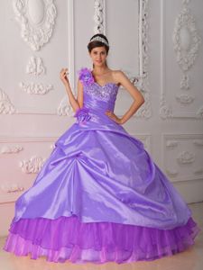 One Shoulder Beaded Quinceanera Dress in Purple with Hand Flower
