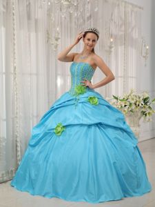 Strapless Beaded Baby Blue Quince Dress with Hand Flowers in Gines Cuba