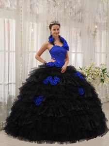 Halter Floor-length Hand Flowery Blue and Black Quinceanera Dress
